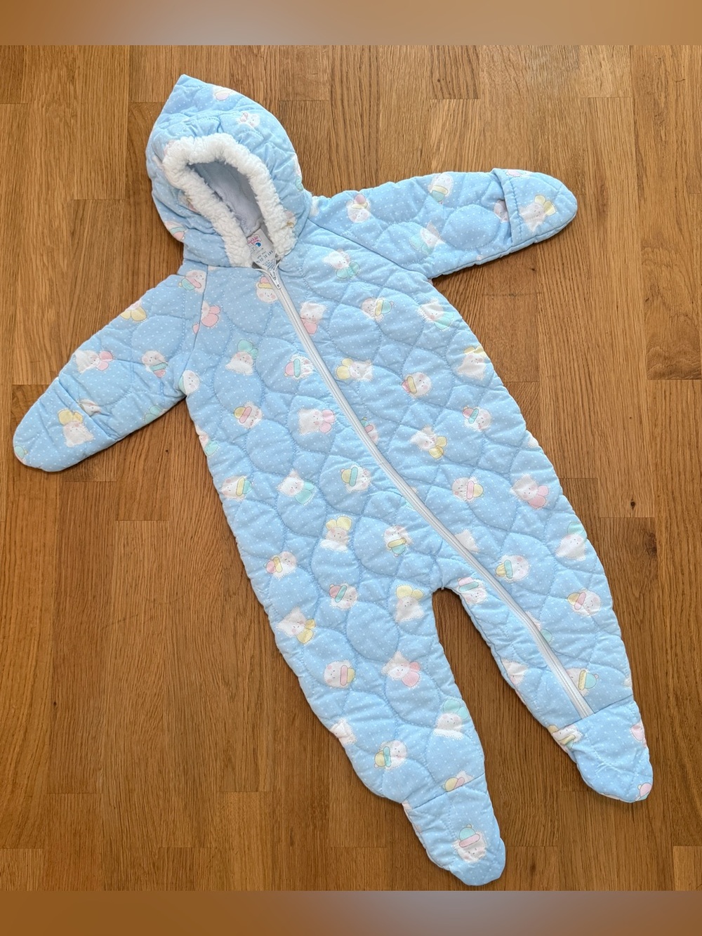 Vintage Cuddle Time Blue Quilted Hooded Baby Bunting Suit MEDIUM Up To 18 Pounds